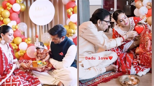 Bipasha Basu, Karan Singh Grover's daughter Devi looks cute in Banarasi saree for Mukhe Bhaat ceremony. Watch