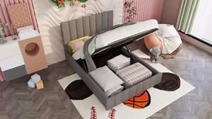 Bellemave Queen Upholstered Platform Bed with Underneath Storage, Wooden Bed Frame, Hydraulic Storage System, Gas Lift, Grey