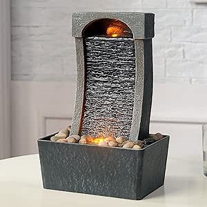 Kalona Tabletop Fountain Bending Slate Indoor Fountains LED Illuminating Fountain at Night Zen/Meditation Fountain for Home/Office Decor (22036)