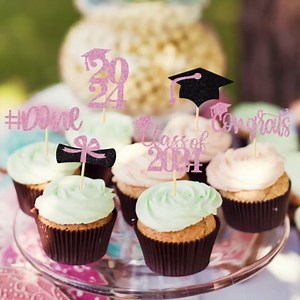 24Pcs Glitter Graduation Cupcake Toppers 2024 Pink Cupcake Picks for Graduation Theme Decorations Class of 2024