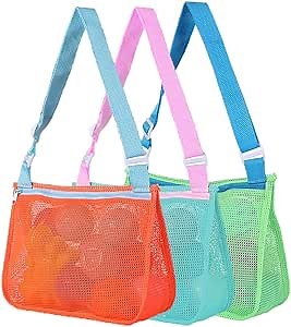 Orga'Neat Mesh Beach Shell Bag for Kids Sea Shell Collecting, Sand & Water Falls Through, Fast Dry Mesh Toy Bag for Girls Boys Picking Up Shells -3 Pack