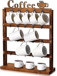 Vercraft Vintage Wood Coffee Mug Rack 4 Tier Rustic Coffee Cup Holder Stand Countertop Shelf Organizer Storage Display Mug Tree for Bar Kitchen Counter, 20 Hooks