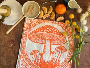 Orange Mushroom Screen Printed Tea Towel: Cottagecore Kitchen Mushroom Decor, Boho Hand Towels - Etsy