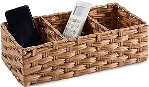 3-section Rectangle Wicker Basket | Faux Rattan Over the Toilet Paper Storage - Bathroom Vanity Tray - Kitchen Counter Storage Bin - Woven Shelf Divider Storage Box - By MadeTerrra (Natural)