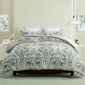 Finlonte - King Size Comforter Set, Super Soft Cotton Bedding with Matching Sham, Botanical Floral Design, Vintage Bed Essentials (Blue/Grayish Blue, King)