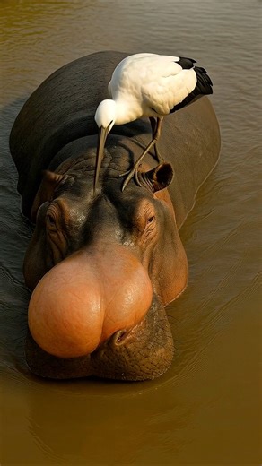 Hippo lets white stork healed him 🦛🐦