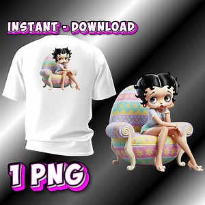 Betty Boop Easter PNG, Cute Easter Girl Clipart, Pastel Easter Egg Chair Art, Vintage Cartoon Style, Sublimation High Resolution PNG