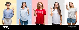 Collage of hispanic, african american, asian, indian women over vintage color background showing and pointing up with fingers number three while smili Stock Photo - Alamy