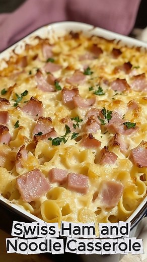 Swiss Ham and Noodle Casserole Make this once and it becomes a family classic. Tender noodles, smoky ham and melty Swiss cheese baked in a creamy sauce, it’s the ultimate comfort casserole, ideal for using up holiday ham after Thanksgiving or Christmas. Ingredients: 12 oz egg noodles 2 cups diced cooked ham 1 1/2 cups shredded Swiss cheese (plus extra for topping) 1 can (10.5 oz) cream of mushroom or cream of celery soup 1 cup sour cream 1/2 cup milk 1/2 cup frozen peas (optional) 1/2 tsp garlic