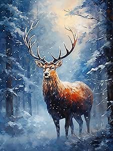 SKRYUIE 5D Deer Diamond Painting Kits - DIY Diamond Art Kits for Adults Christmas, Full Round Drill - Crystal Cross Stitch - Adults Craft for Wall & Office Decor - 12x16 inch