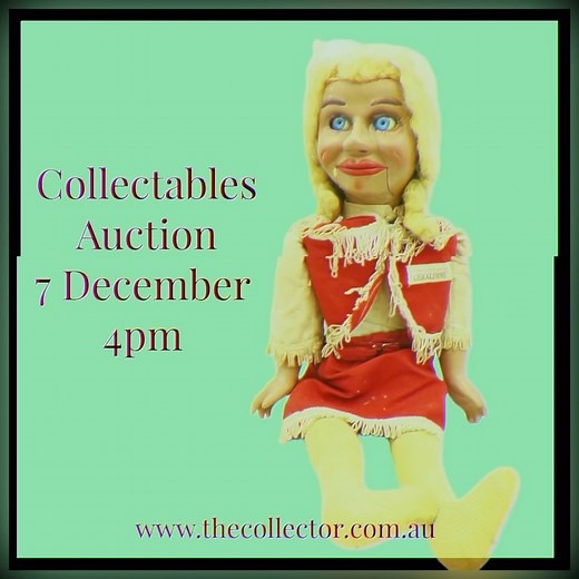 The star of our next auction is from the 1950s, Geraldine, Gerry Gee's girlfriend. Spin off toys from ventriloquist Ron Blaskett's popular TV show. He was the first entertainer on Australian television. Music credit Chane Chane, La Femme with City Sharps #thecollector #auction #vintage #collectable #collectibles #auctionrooms #art #decorativeart #geraldine #toy #puppet #ronblaskett #1950s #ventriloquist #australiantoy #cowgirl #melbourne #auctionhouse #collectables #thecollector #Melbourneauctio