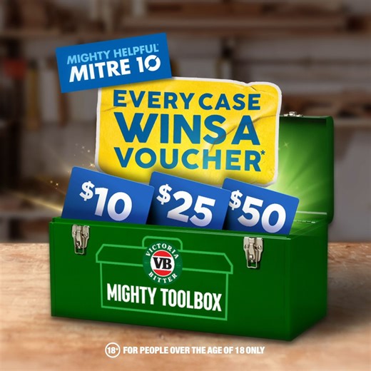 Getting on the tools can work up a hard earned thirst. Luckily we’ve partnered with VB to help you out. Just purchase a case and WIN. Guaranteed. AU18 only. Ends 24/8/25 11:59pm AEST. Limit 1 entry/person/day. Limit 1 entry/transaction. Max 5 entries/person. Retain receipt(s) & unique code used to enter. T&Cs apply, see https://cubpromos.com.au/conditions. | Mitre 10