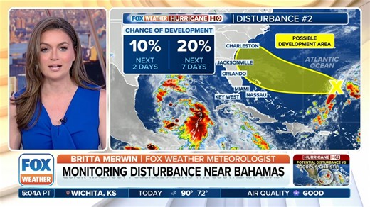 MONITORING DISTURBANCE NEAR BAHAMAS: A tropical disturbance near the Bahamas is being monitored for a low chance of development this week before it brings the threat of late-week rain along parts of the Southeast coast. FOX Weather meteorologist Brittamerwinwx has more. | FOX Weather