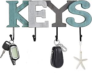 K KILIPES Rustic Wood Sign Home Decor with Keys Hanger Hooks Cutout Wooden Word Sign Hanging Ornament Decorative Keys Holder for Wall Decor