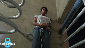 Stroking her big cock and busting a nut in a parking garage | aShemaleTube