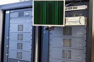 Servers, Computer and monitor installed in a rack in a data center...