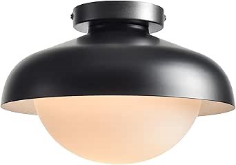 CLAXY Industrial Farmhouse Ceiling Light Fixture Black Barn Ceiling Light with Opal Glass Shade Flush Mount Light for Hallway Bedroom Kitchen