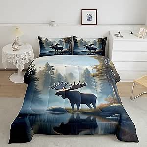 Homewish Lodge Cabin Bedding Set 3D Abstract Natural Jungle Scenery Comforter Set for Kids Teens Adults Wild Moose Animal River Pine Trees Rustic Quilted Comforter with 2 Pillowcases King Size 3 Pcs