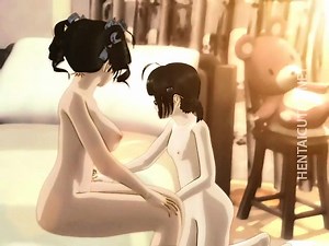 3D anime lesbians sharing a dildo