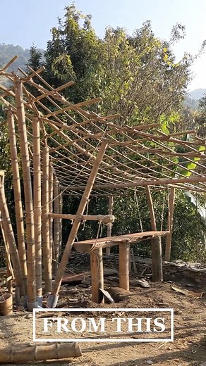Watch the transformation. #AapkiTapri is a triangular bamboo kitchen cum cafe that we made as part of the #bambooworkshop. The roof tie-beams are made with bundled split bamboo aka #lidibundles in an undulating pattern mimicking the mountains in the landscape. The roof is also #flattenedbambooshingles. And then the walls are #wattleanddaub. But the real magic is the finishing - the gorgeous plaster works - a #limemural wall, a #clayplaster checkered wall and a #plastersample wall in the front sh