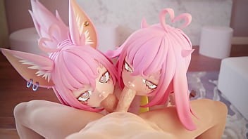 Zwei nuttige Anime-Mädchen lutschen deinen Schwanz