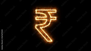 Rupee symbol of burning flame. Indian rupee symbol made from fire flame. Flaming burn font or bonfire alphabet text with sizzling fiery shining heat effect. 3D rendering.
