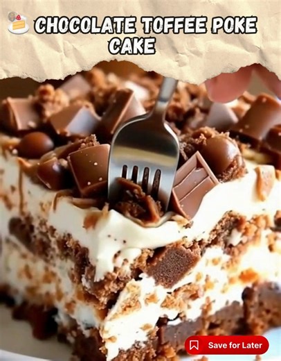 🍰 Chocolate Toffee Poke Cake with whipped topping and crunchy candy bits Ingredients: 1 box chocolate cake mix (plus eggs, oil, and water as called for) 1 (14 oz) can sweetened condensed milk 1 (8 oz) container whipped topping (like Cool Whip), thawed ½ cup caramel sauce (homemade or store-bought) 1 ½ cups chopped chocolate toffee candy bars (or similar chocolate-covered toffee) Instructions: Bake the cake: Prepare and bake the chocolate cake in a 9x13" pan according to package instructions. Le