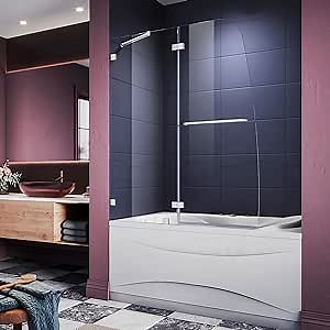 ELEGANT Frameless Hinged Tub Door 48" W x 58" H, Shower Door with Towel Bar,5/16" Clear Glass Panel, Shower Door for Bathtub,Chrome Finish
