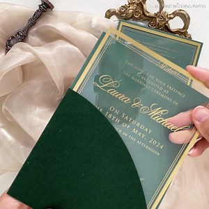 3 comments | Acrylic Wedding Invitations with Emerald Green Velvet Pocket  Elevate your special day with our exquisite Acrylic Invitations featuring a gorgeous Emerald Green Velvet Pocket.  Your guests will be stunned by the stylish and sophisticated design that perfectly captures the essence of your love story. | ElegantWeddingInvites | Facebook