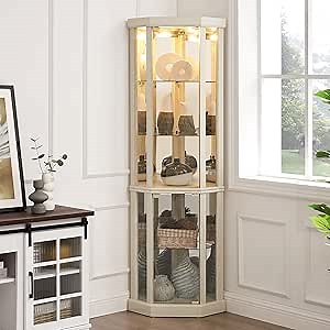 Lighted Corner Display Curio Cabinet Wooden Shelving Unit with Tempered Glass Door, Bar and Liquor Storage Area with 4 Shelves, Wine Cabinet