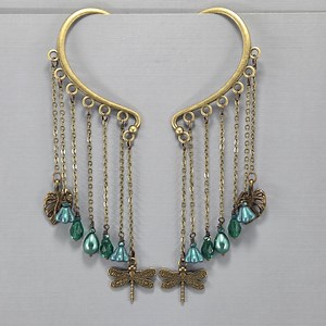 Brass Dragonfly Ear Cuffs Teal Glass Crystal and Flower Beads Ear Wrap No Piercing Earrings Pair or Single - Etsy