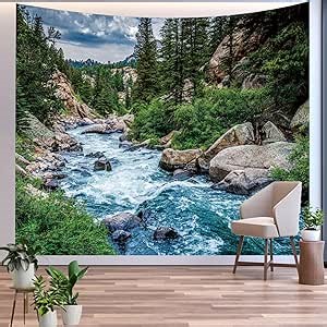 Honcet Nature Forest Wall Tapestry for Bedroom, Mountain Waterfall Mural Tapestries, Scenic Green Pine Tree River Landscape Wall Hanging for Home Office Dorm Indoor and Outdoor Decor 60 X 50 in