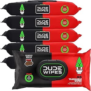 DUDE Wipes Dingle Bells Adult Flushable Wipes, Holiday Scented, 288 Count | Christmas scented stocking stuffer. 99% water, extra large flushable butt wipes. Balsam, clove. Septic safe. 6 packs of 48.