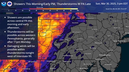 54K views · 69 reactions | Showers are possible across central PA this morning and early afternoon. Thunderstorms will be possible across western Pennsylvania, generally after 11pm Monday. Damaging winds will be possible within thunderstorms tonight west of Interstate 99. | US National Weather Service State College PA | Facebook