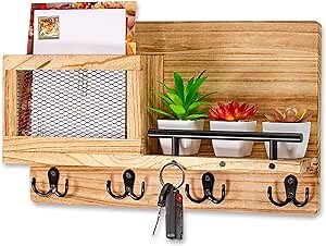 Mail and Key Holder for Wall with Decorative Key Hooks - Wall Mount in Entryway, Mudroom or Office. Solid Wood Mail Organizer Floating Shelf Key Rack, Leash Holder and Key Hanger for Wall.