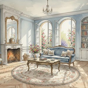 French Blue Salon Watercolor Print | Parisian Cottagecore Digital Download, Vintage Interior Wall Art - Etsy