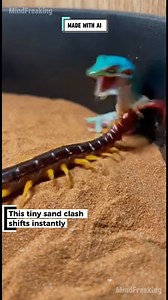 A dramatic sand-arena clash erupts as a Red and Black Centipede and an Electric Blue Gecko move with lightning reactions, all captured by a shaky phone camera struggling to keep up with the tiny chaos. #insectencounter #macrocreatures #naturevibes #sandhabitat #wildmicroworld ⚙️ AI-generated nature dramatization — no real creatures involved. | MindFreaking