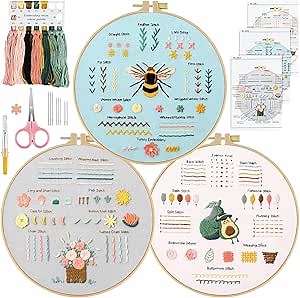 Amazon.com: Embroidery Kits for Beginners, 3 Sets of Cross Stitch Kit, Embroidery Starter Kit for Adults, Includes Prints, Hoops, Thread, Needles, Embroidery Instructions