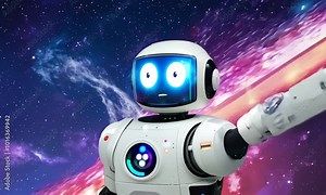 Positive cute robot pointing at something against space background