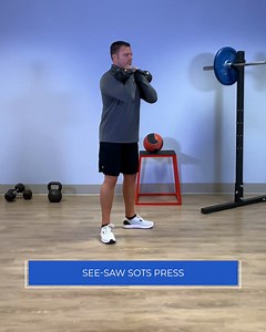 #WorkoutWednesday- The see-saw sots press is a variation of the sots press and is performed in the same way with double kettlebells with one change: Press one kettlebell all the way up. On the descent of that kettlebell, start ascending with the other kettlebell. Your hands will meet approximately at the top of your head. A slight side bend is allowed for this press while maintaining the neutral spine position and keeping your midsection tight. For more kettlebell exercises, check out Kettlebell