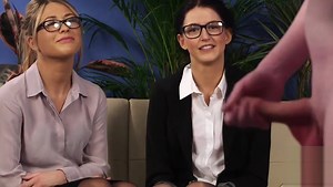 Two cute girls watch guy squirt his load