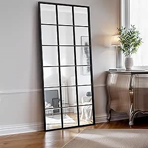 Farmhouse Windowpane Mirror - 70"x36" Full Length - Black Metal - Wall Mounted or Leaning
