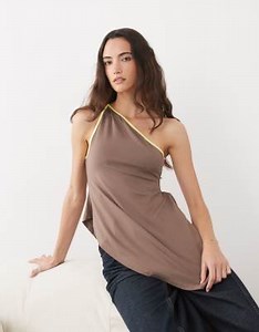ASOS DESIGN contrast binding floaty one shoulder hanky hem top in brown | ASOS