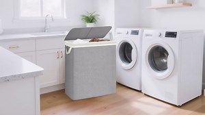 STORAGE MANIAC Double Laundry Hamper with Lid, 140L Tall Metal Frame Laundry Baskets with Removeable Bag, Large Clothes Hamper with PU Tag, Laundry Bin for Dorm, Collage, Bathroom, Bedroom, Gray