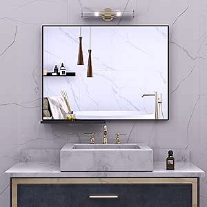 Amazon.com: ANYHI 40 x 30 Inch Wall Mirror for Bathroom Black Aluminum Frame Bathroom Mirrors with Shelf, Rectangular Wall Mounted Mirror Horizontal : Home & Kitchen