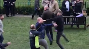 Punches are thrown in a massive brawl at Haydock Park Racecourse