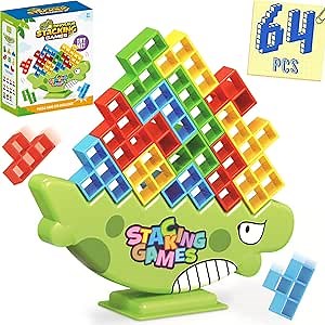 WOWNOVA Dinosaur 64PCS Stacking Tetra Tower Game for Kids Family Game Night, Balance Stacking Blocks Tower Board Game for Fun Party Games, Stacking Games for Kids, Teens & Adults