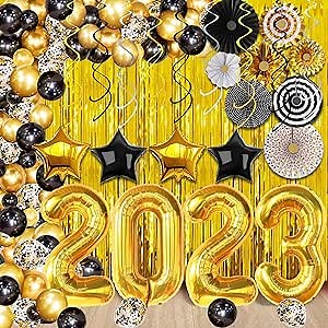KatchOn, Gold Graduation Decorations Class of 2023 - Huge, Pack of 115 | Graduation Balloon Arch Kit | Gold 2023 Balloons, Fringe Graduation Backdrop 2023 | Black and Gold Graduation Decorations 2023