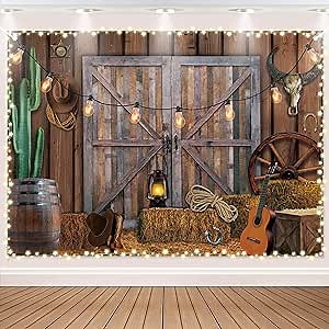 7 x 5 FT Western Cowboy Backdrop, Western Party Decorations Supplies Wild West Decor Rustic Wooden House Warehouse Barn Photography Background for Kids Boy Children Baby Birthday Banner Photo Booth