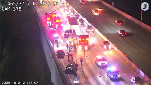 One person was killed in a multi-vehicle crash on I-465 between 71st street and Fall Creek Road on the northeast side of Indianapolis. Three vehicles were involved including a semi-truck. One person was taken to a local hospital with non-life-threatening injuries. The crash reconstruction team is investigating. | Max Lewis